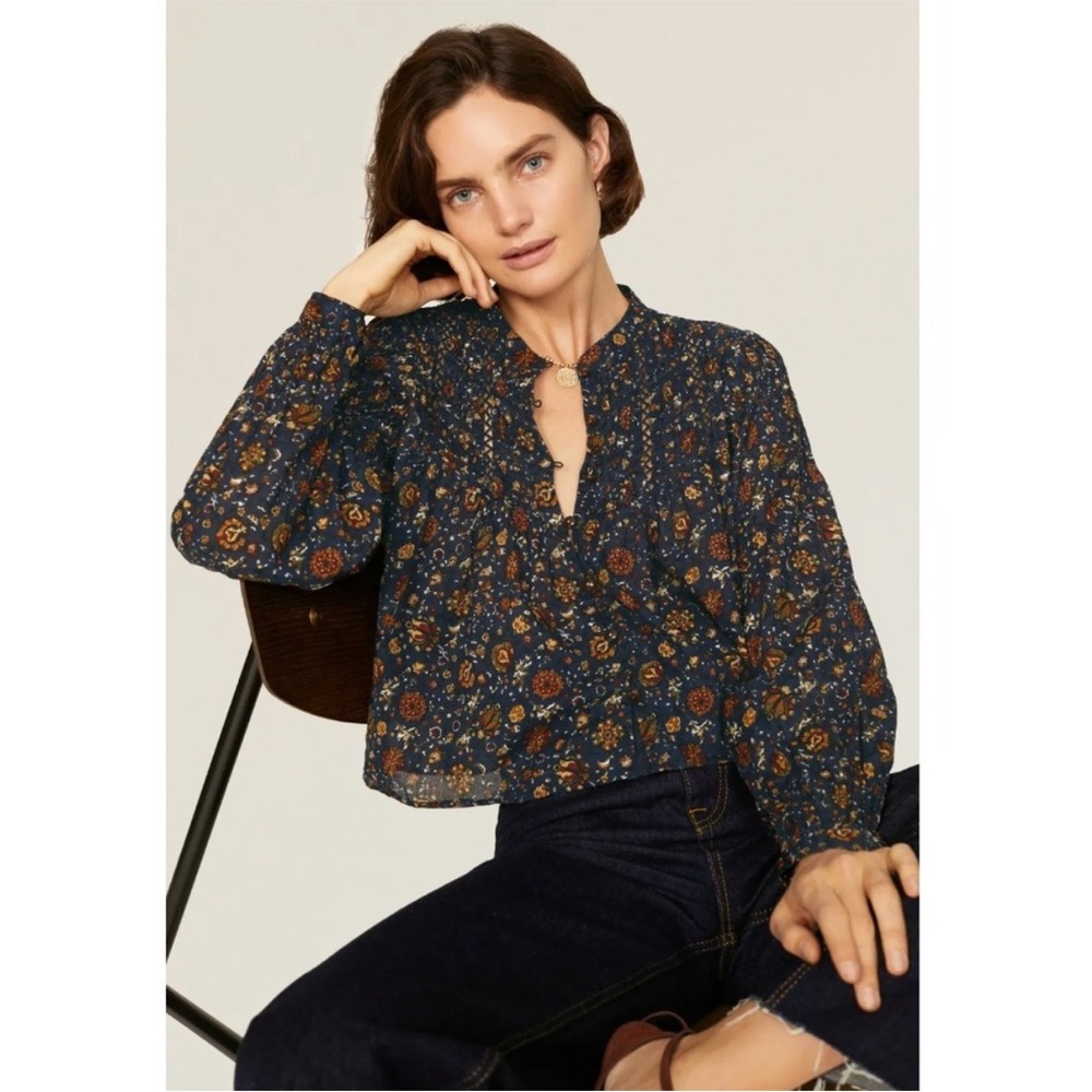 Veronica Beard Sherwood Floral Pleated Button Front 100% Cotton Women's Top 6
